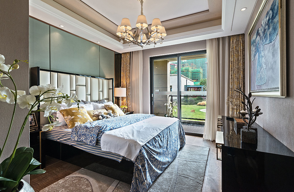 新中式风格室内装修设计效果图-恒大西江天悦平层195平米-室内装修设计主卧 新中式风格室内装修设计效果图-恒大西江天悦平层195平米-室内装修设计主卧