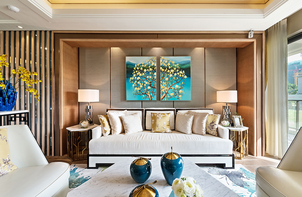 新中式风格室内装修设计效果图-恒大西江天悦平层195平米-室内装修设计客厅背景墙 新中式风格室内装修设计效果图-恒大西江天悦平层195平米-室内装修设计客厅背景墙